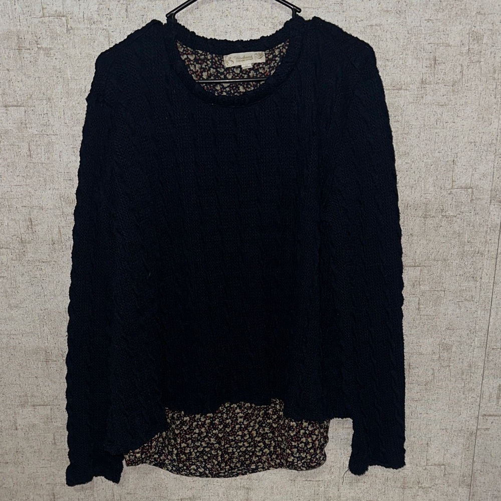 Suzanne Betro dark blue two in one Cable Knit Sweater with Floral Hem sweater